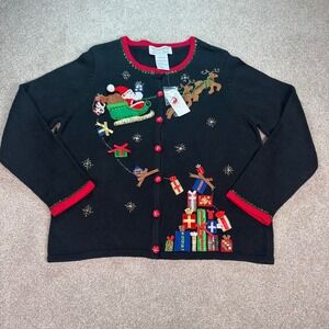 Tiara International Christmas Ugly Sweater Santa Sleigh Reindeer Gift Women Lg